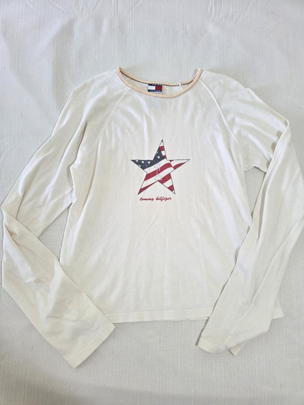 Vintage Y2k Tommy Hilfiger White Long-Sleeve Star Flag Graphic Tee Womens Large